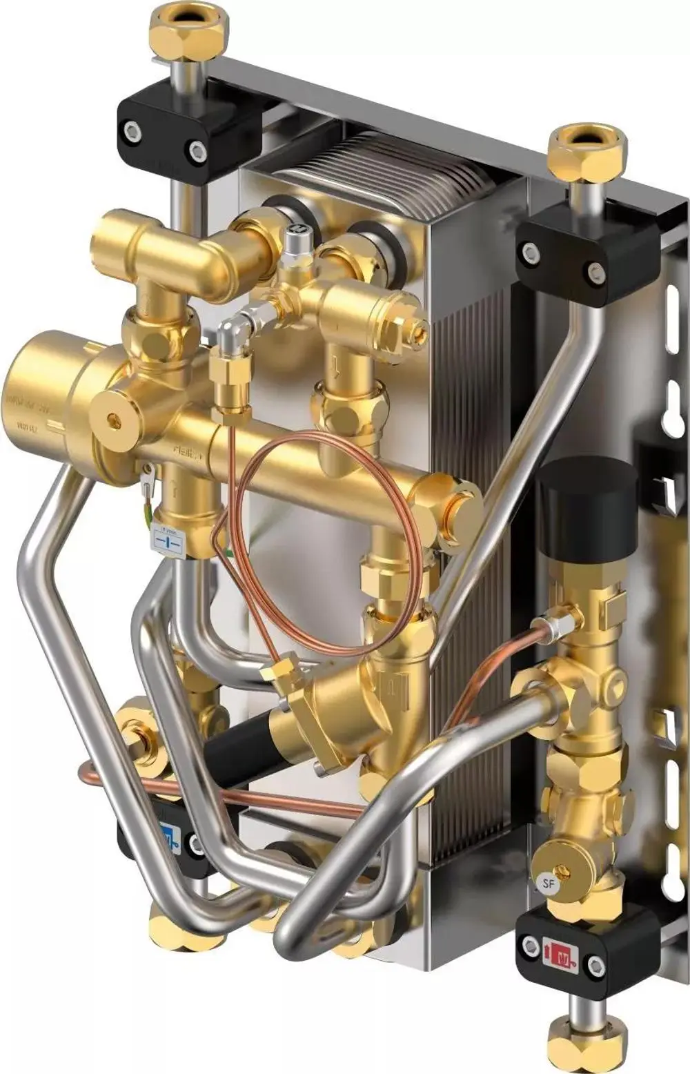 Aqua Port M-XS Trinkwasserstation von Uponor, ausgestattet mit verschiedenen Ventilen und Rohren zur Wasserverteilung, montiert an einer Wand.